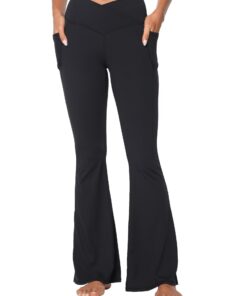 Funidos Flare Leggings for Women with Pockets, Crossover Yoga Pants with Tummy Control, High Waisted and Wide Leg