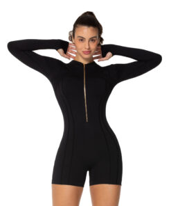 Alternative view of Women's One Piece Zip Up Rompers Long Sleeve Ribbed